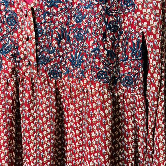 Jodifl Boho Floral V-Neck Dress Brown & Navy Lined Long Sleeve Size S Runs Big - Picture 4 of 4